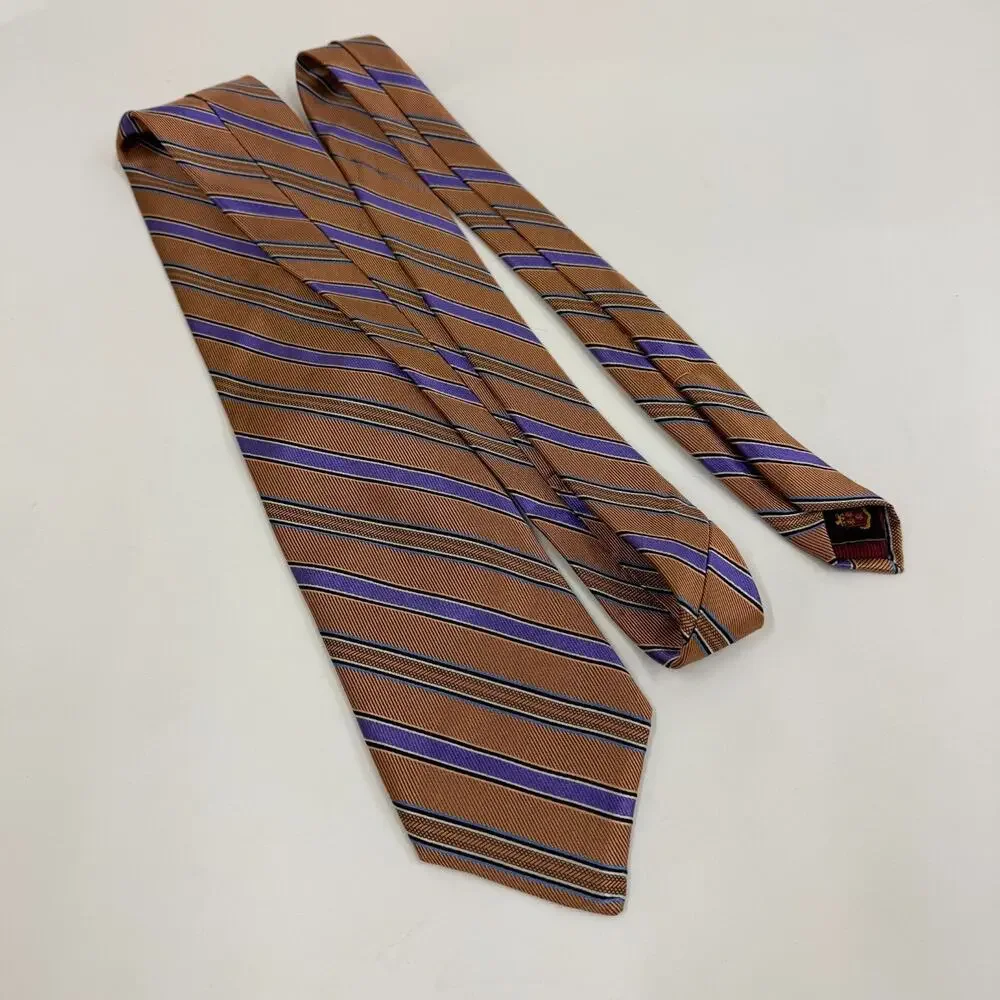 Robert Talbott Tan Purple Blue Stripe 100% Silk Tie Men's Repp Striped Classic U